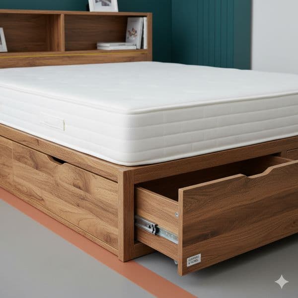 Beds with storage & headboard — reclaimed, cleaned, drawers & hinges tested