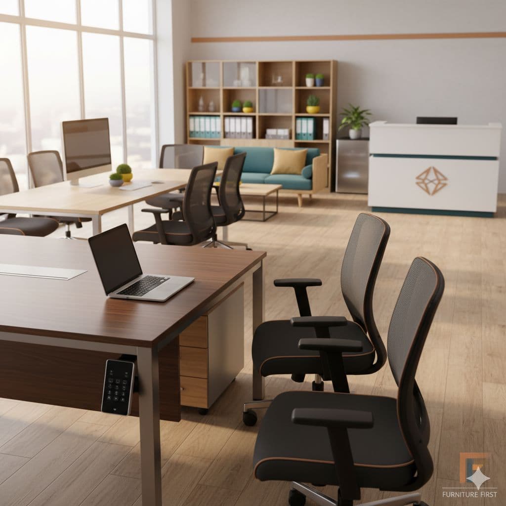 Modern office interior with executive desks, standing desks and ergonomic chairs — sell used office furniture in Dubai