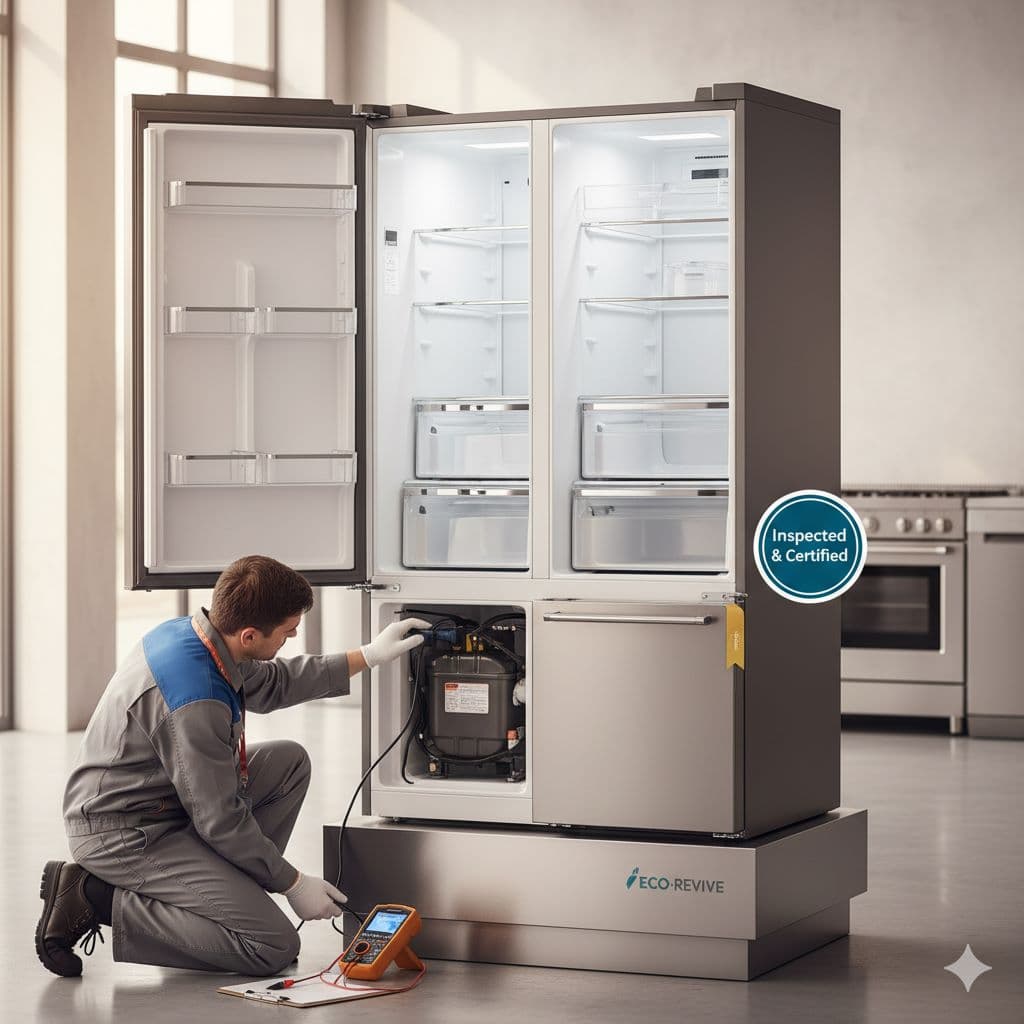 Inspected used refrigerator on showroom pedestal with technician performing compressor and thermostat tests — certified used fridge Dubai