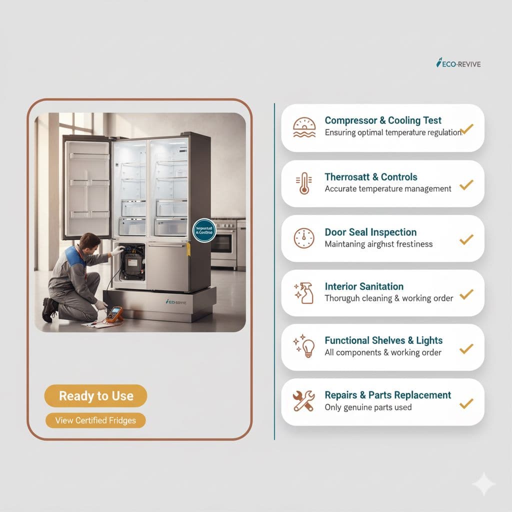 Inspection checklist for certified used refrigerators — compressor test, thermostat check, door seal, cleaning, repairs; buy certified used fridge UAE