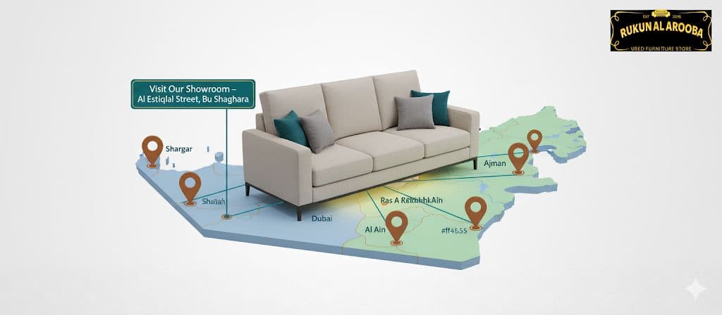 Used sofa showroom in Sharjah with delivery and sales across Dubai, Abu Dhabi, Ajman, Ras Al Khaimah and Al Ain — Rukun Al Arooba UAE