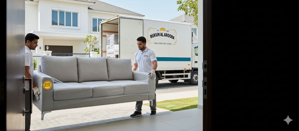 Professional movers delivering used sofa in Dubai and UAE — fast, safe furniture delivery service by Rukun Al Arooba